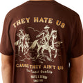 Brown t-shirt with graphic design and text on the back