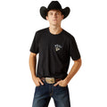 Man wearing a black t-shirt with a logo and a cowboy hat on a white background