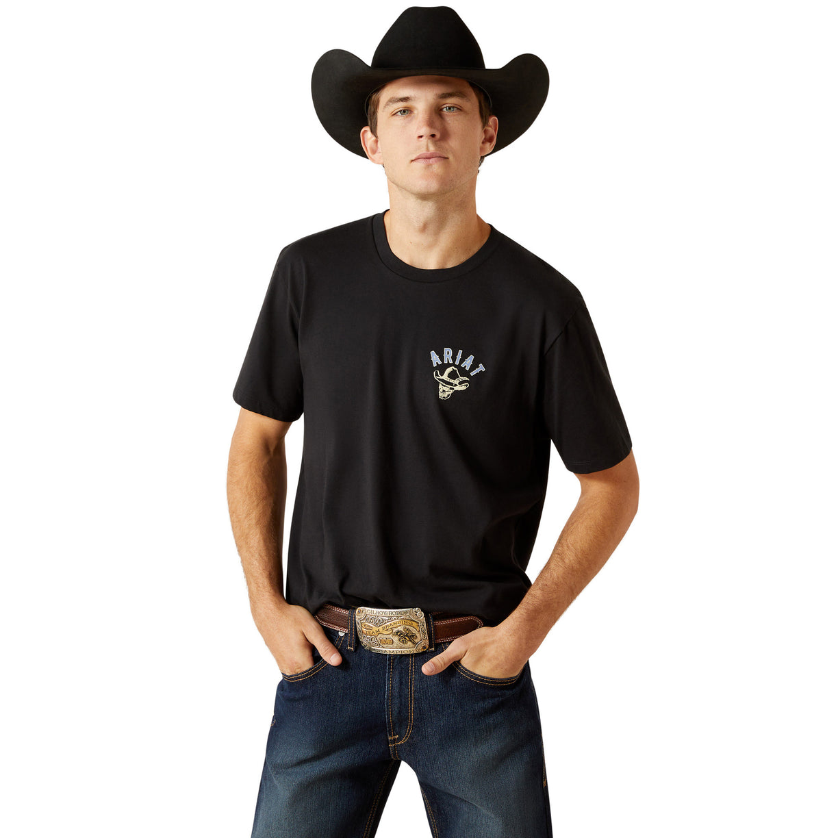 Man wearing a black t-shirt with a logo and a cowboy hat on a white background