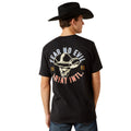 Person wearing a black t-shirt with a graphic design and a cowboy hat on a white background