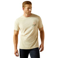 Man wearing a beige t-shirt with a logo on a white background