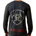 Black long-sleeve shirt with Ariat logo on the back, worn by a person.
