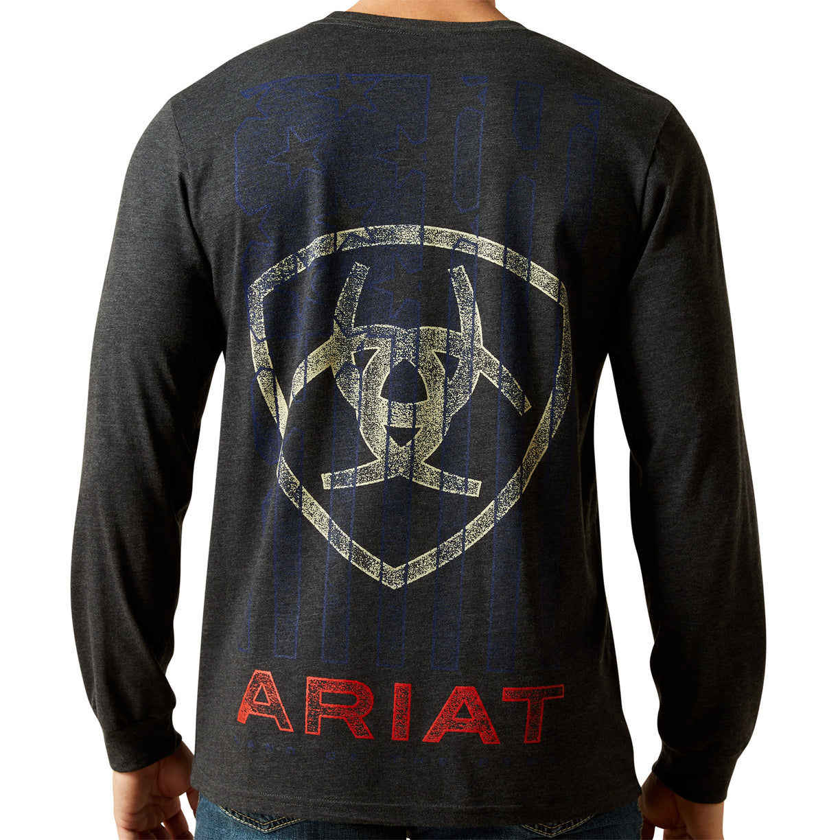 Black long-sleeve shirt with Ariat logo on the back, worn by a person.