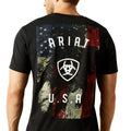 Black t-shirt with 'Ariat U.S.A' design on the back, worn by a person.