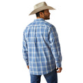 Man wearing a blue plaid shirt and cowboy hat on a white background