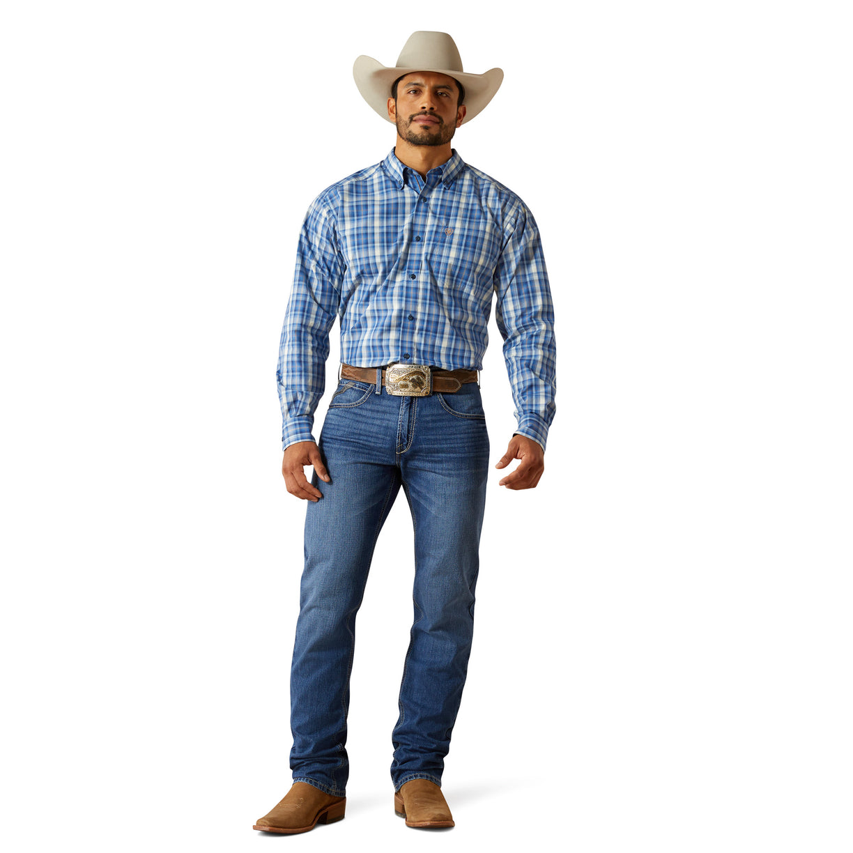 Man wearing a blue plaid shirt, jeans, and a cowboy hat on a white background