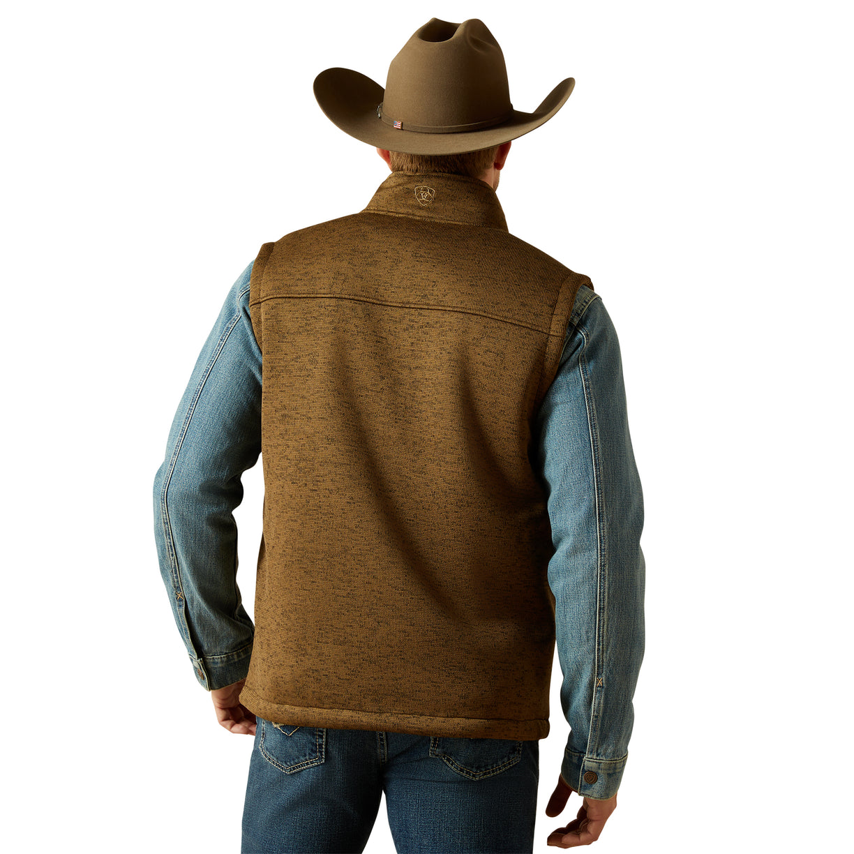 Person wearing a brown vest over a blue shirt with a cowboy hat on a white background