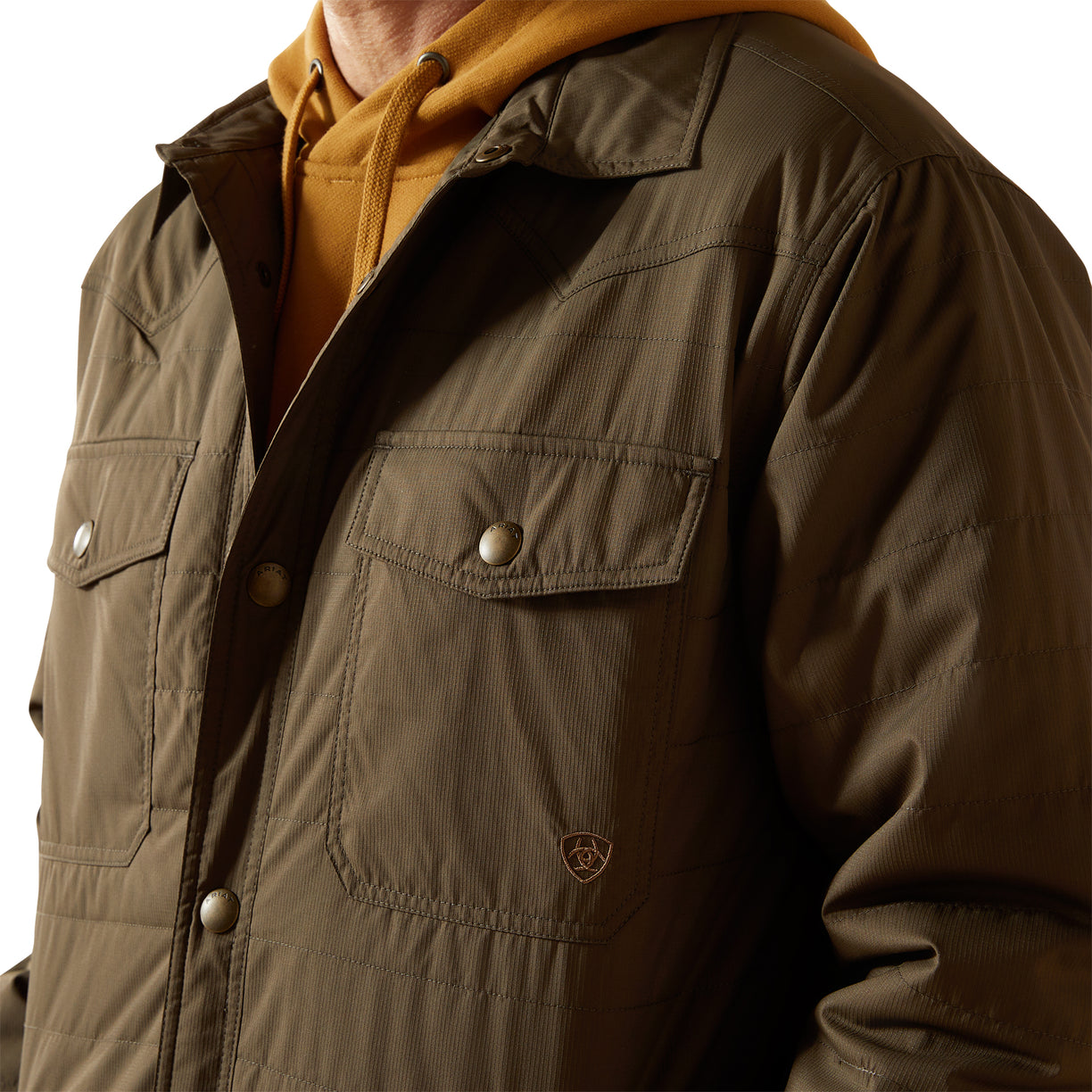 Brown jacket with a visible brand logo on a white background
