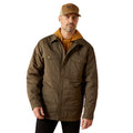 Man wearing a brown jacket and cap on a white background