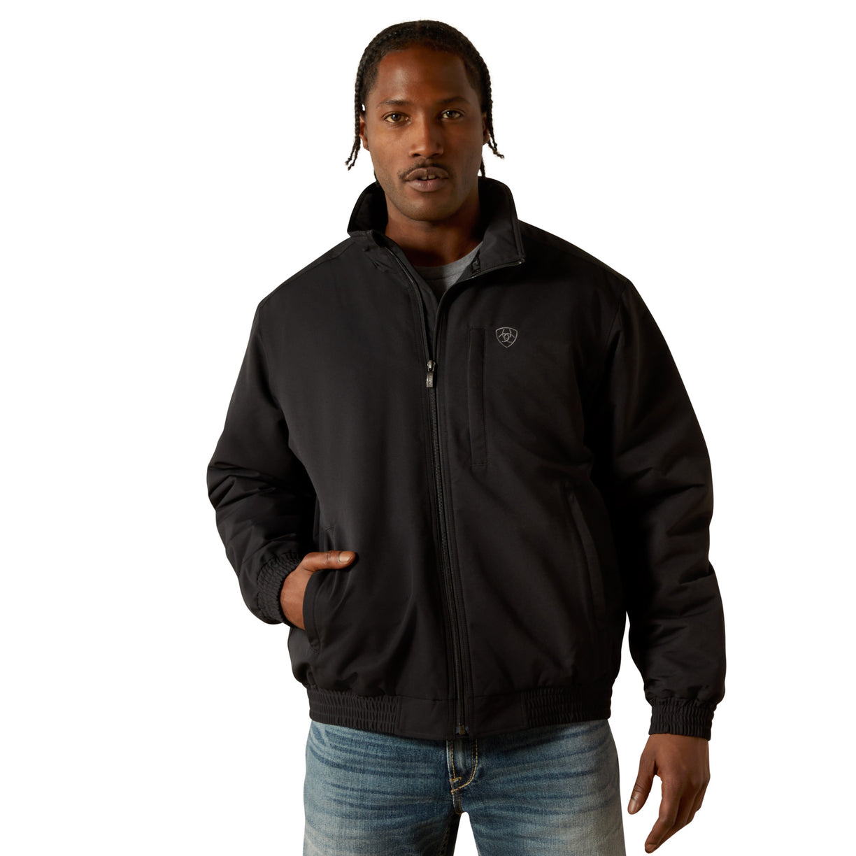 Man wearing a black jacket on a white background