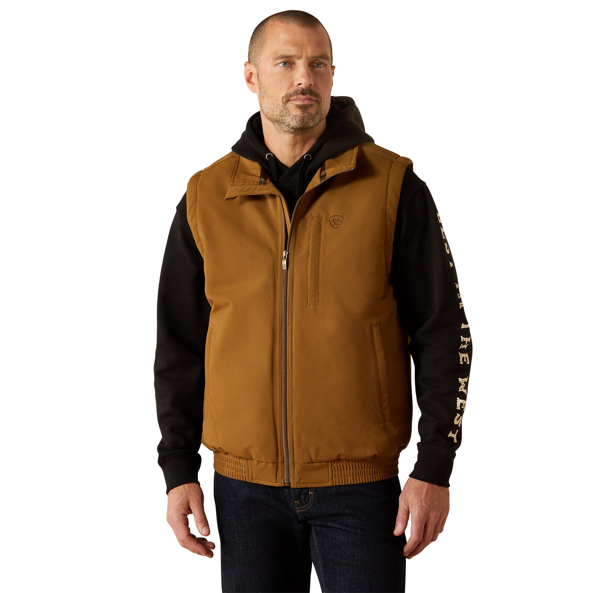 Man wearing a brown and black vest with a visible brand logo on a white background