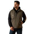 Man wearing a brown and black vest on a white background