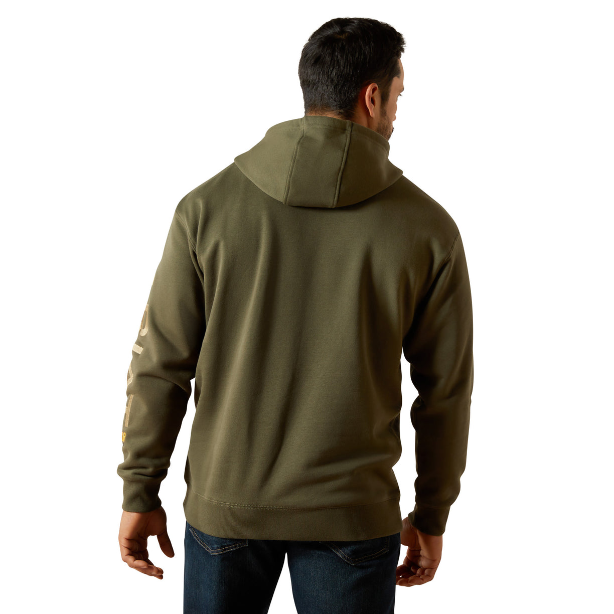Person wearing a green hoodie on a white background