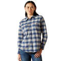 Person wearing a blue and white plaid shirt on a white background