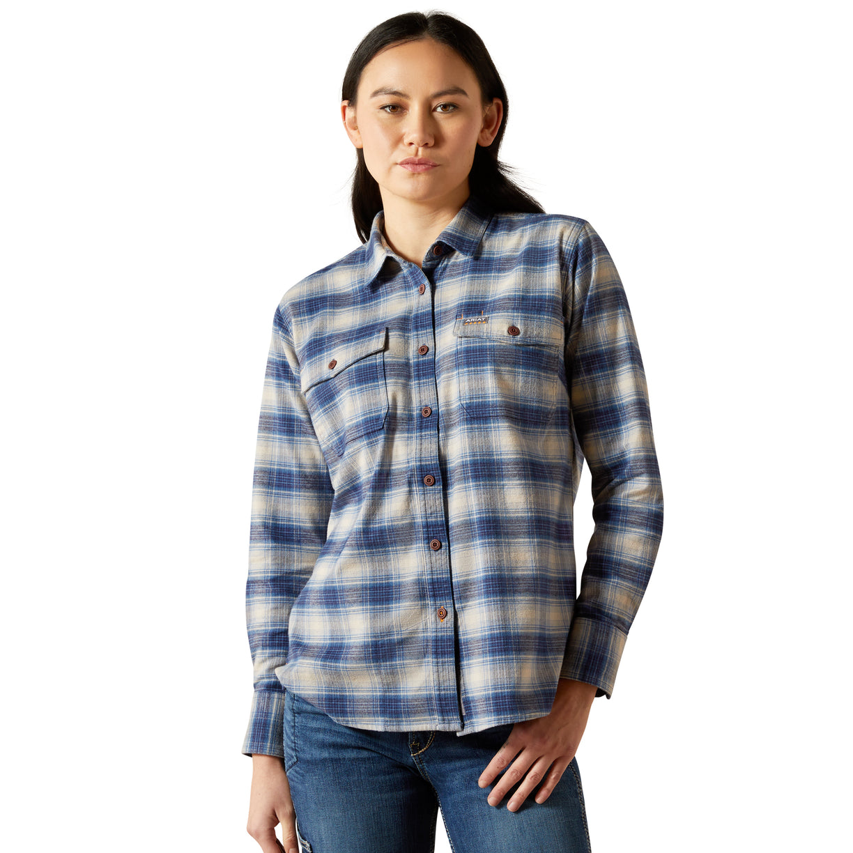 Person wearing a blue and white plaid shirt on a white background