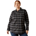 Woman wearing a plaid shirt on a white background