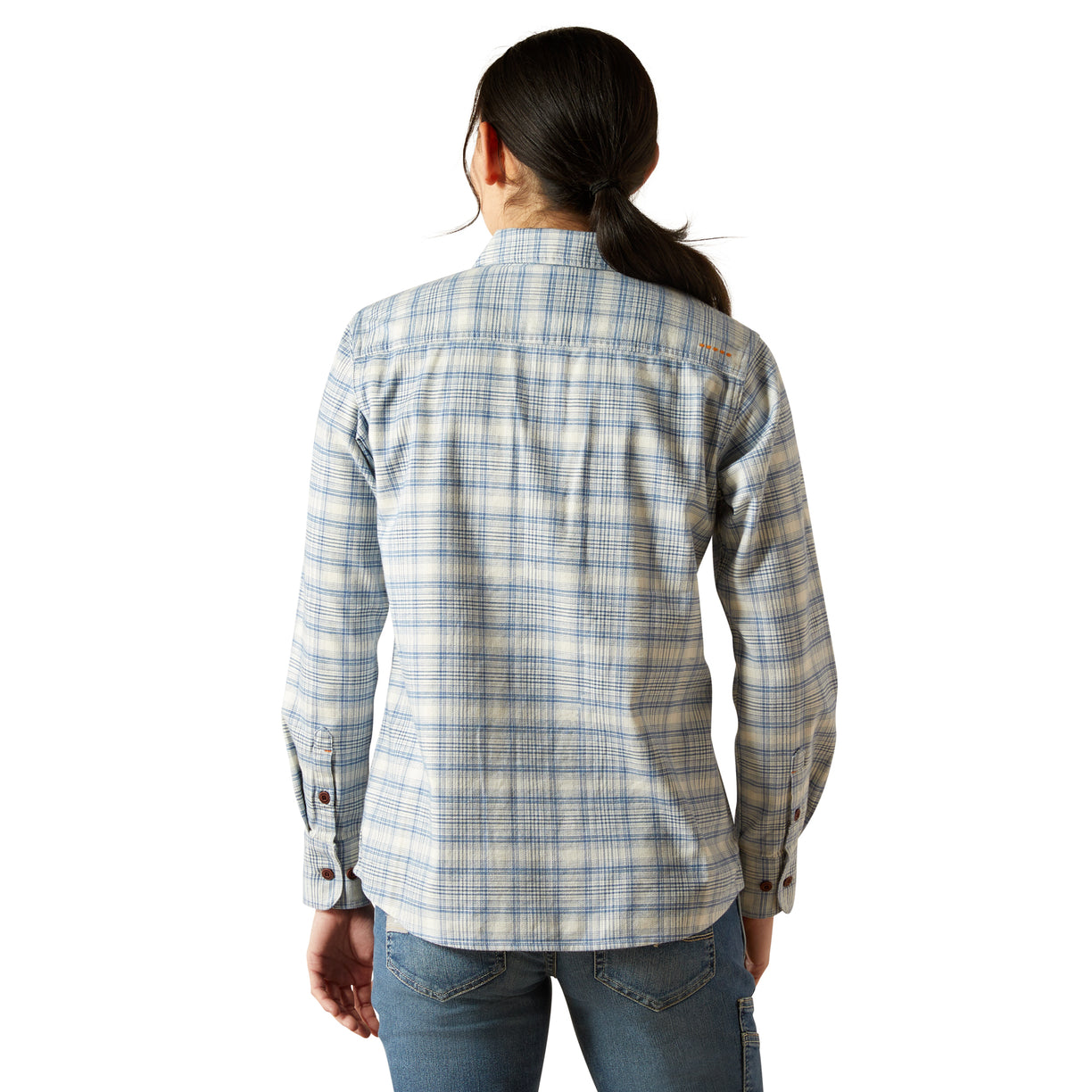 Person wearing a plaid shirt from behind on a white background