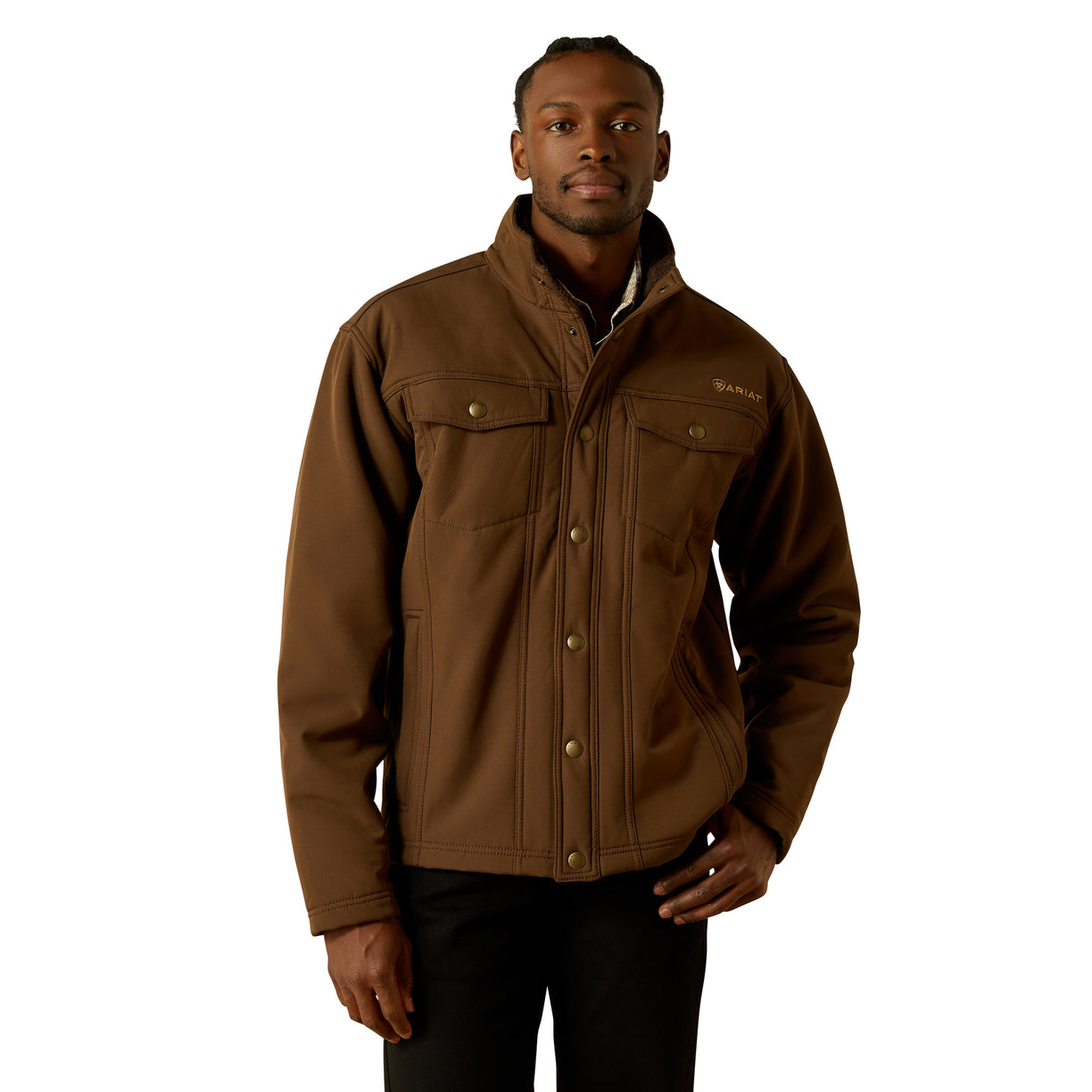 Man wearing a brown jacket on a white background