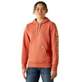 Person wearing a coral hoodie with a brand logo on a white background
