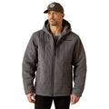 Man wearing a gray jacket with a hood and Ariat logo on a white background