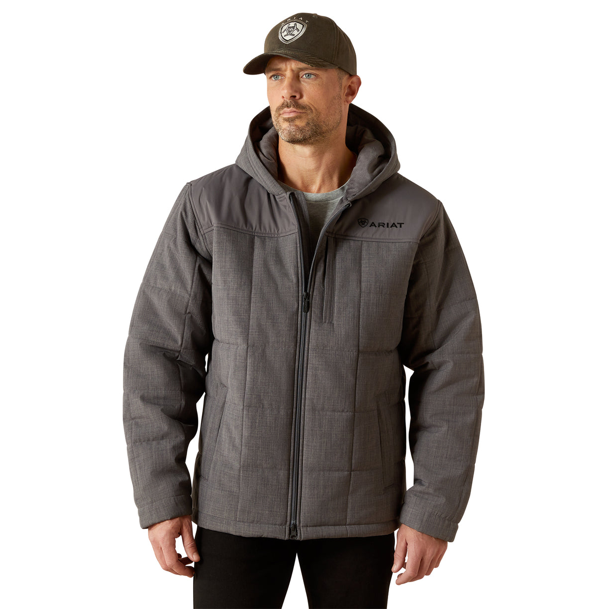 Man wearing a gray jacket with a hood and Ariat logo on a white background