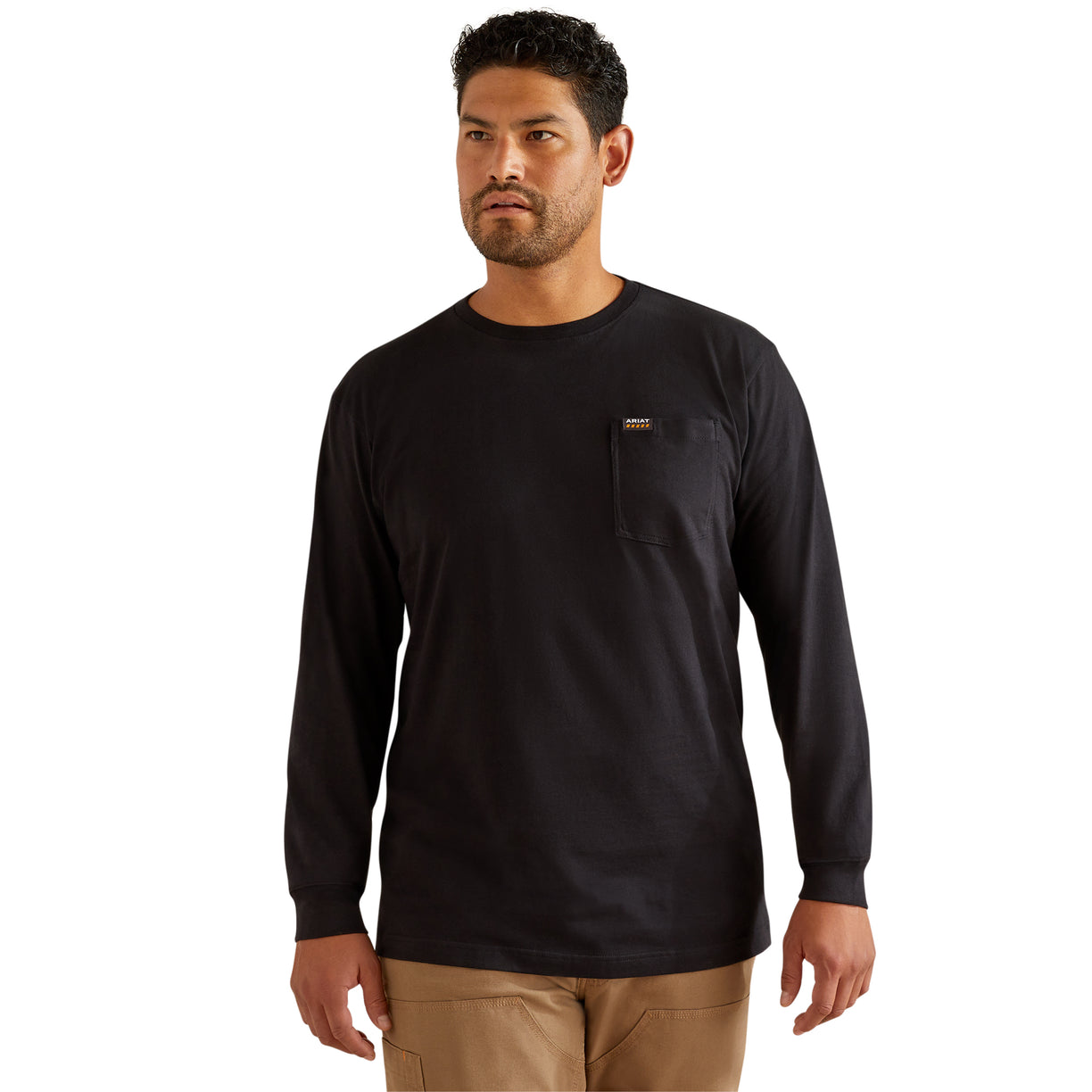 Man wearing a black long-sleeve shirt with a logo on a white background