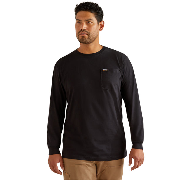 Man wearing a black long-sleeve shirt with a logo on a white background