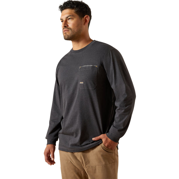 Man wearing a dark gray long-sleeve shirt with a pocket on a white background