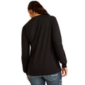 Person wearing a black long-sleeve shirt on a white background