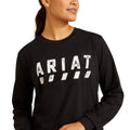 Black sweatshirt with 'ARIAT' logo worn by a person on a white background