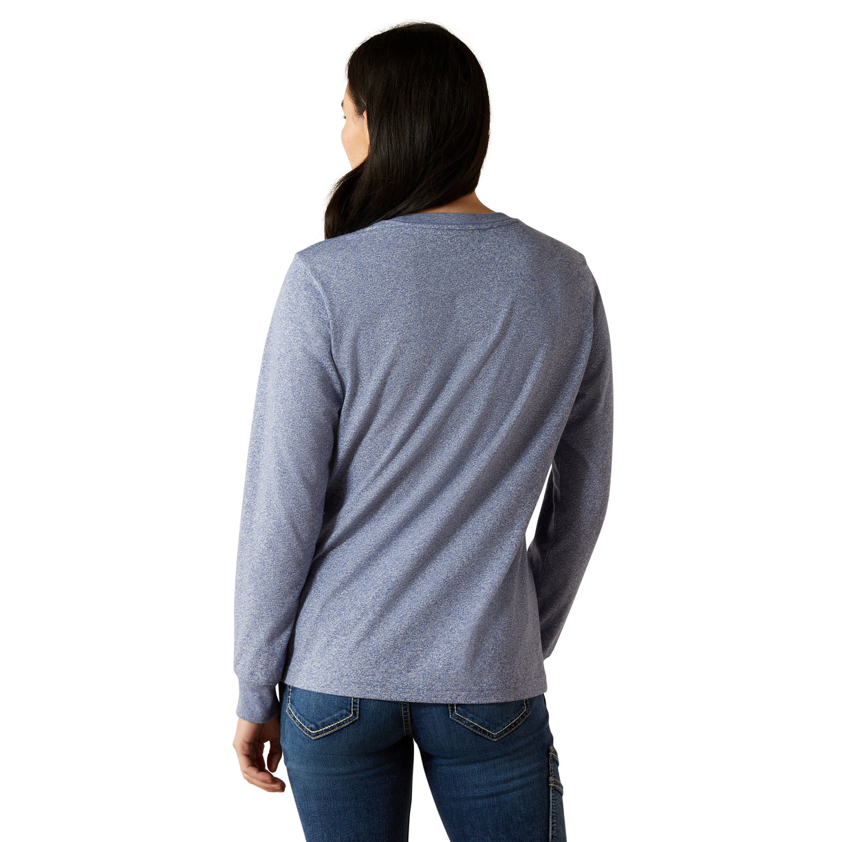 Person wearing a gray long-sleeve shirt and blue jeans on a white background