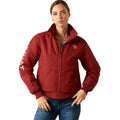 Woman wearing a red jacket with a brand logo on a white background