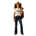 Person wearing a white t-shirt with 'Ariat' logo, blue jeans, and a cowboy hat on a white background