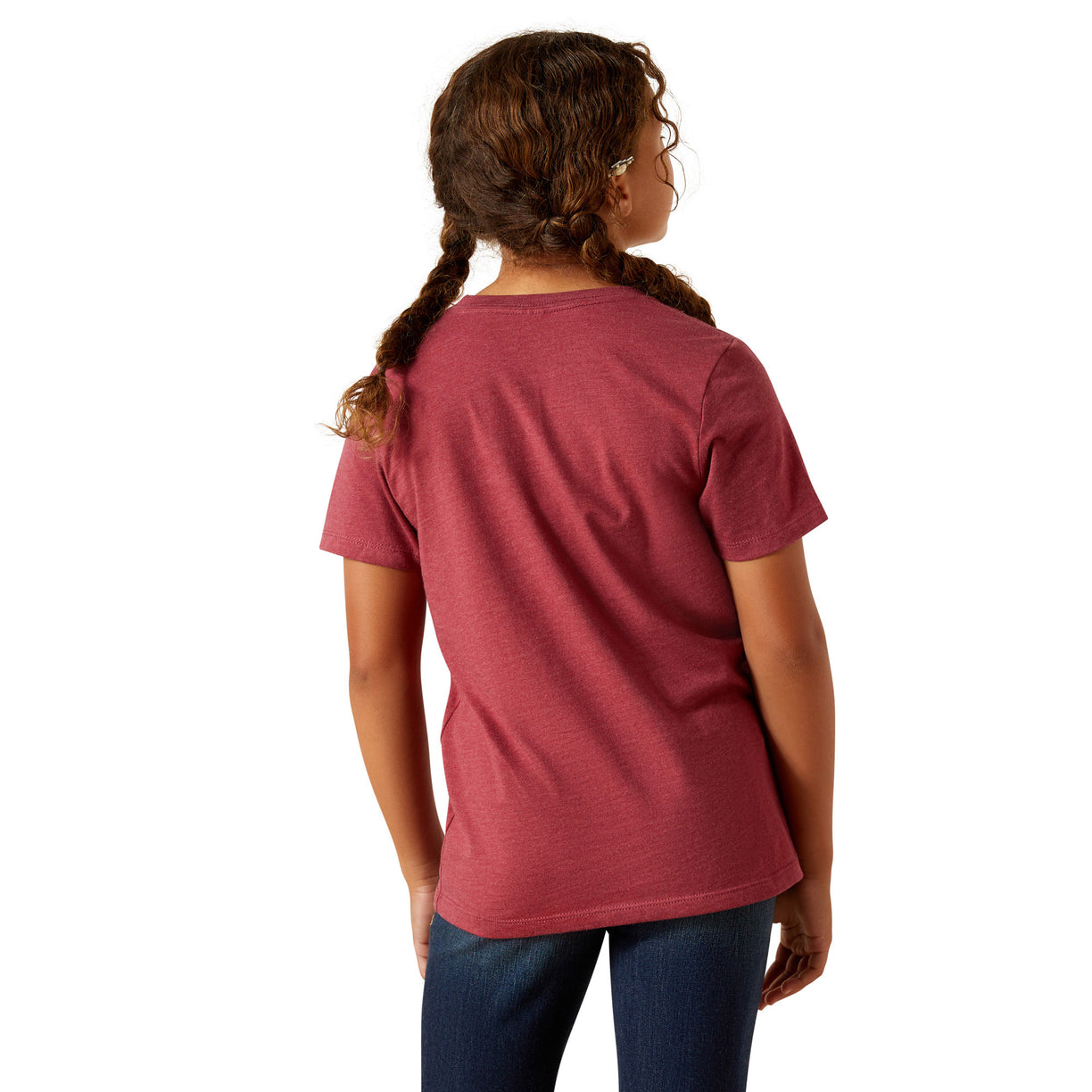 Person wearing a maroon t-shirt on a white background