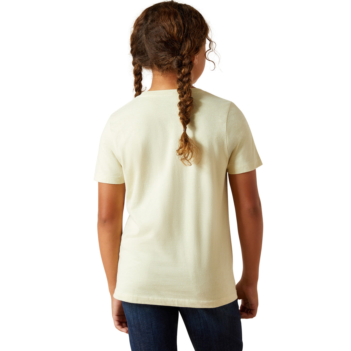 Person wearing a light-colored t-shirt on a white background
