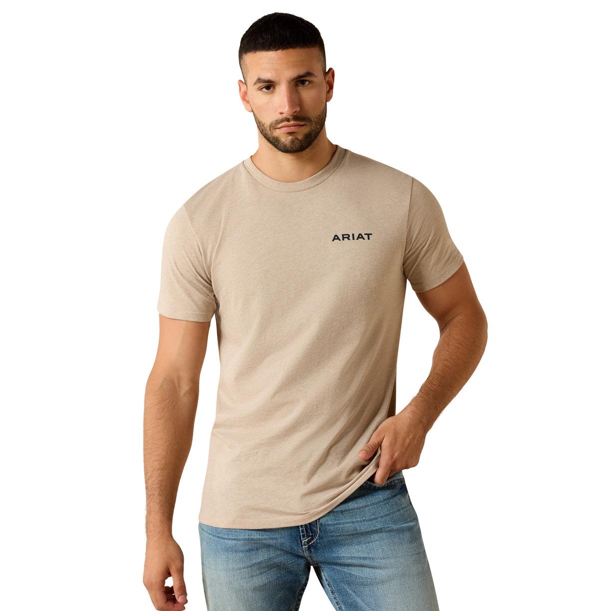 Man wearing a beige Ariat t-shirt on a white background
