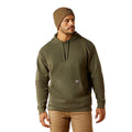 Man wearing a green hoodie and brown pants on a white background