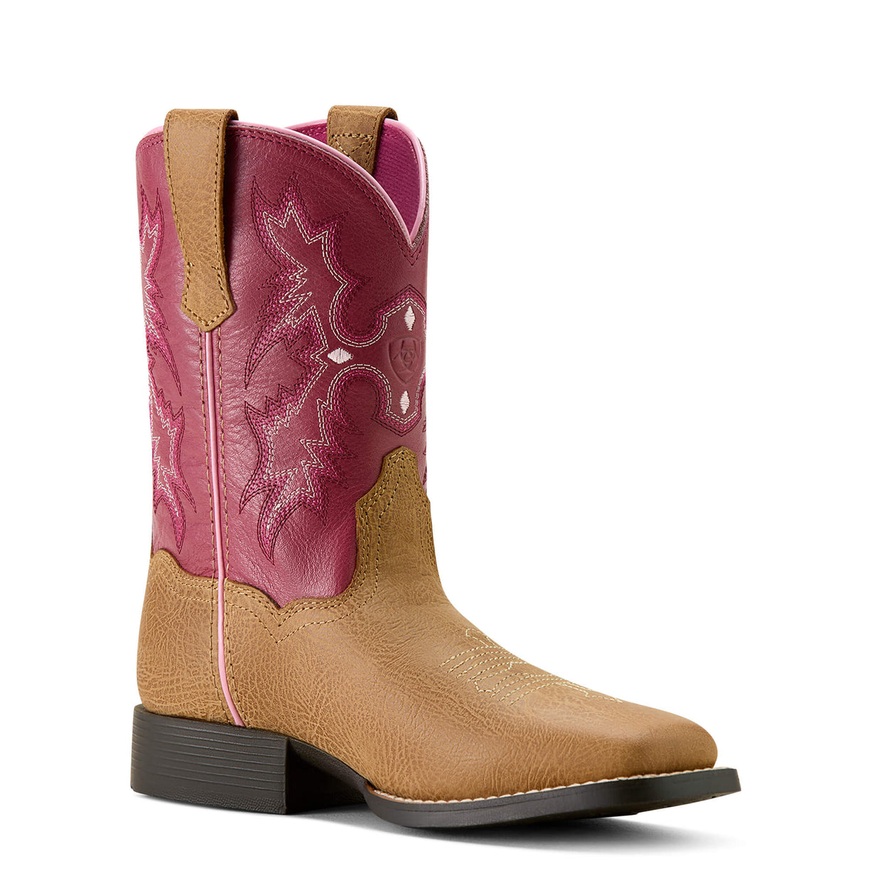 Ariat Kids' Tombstone Western Boot in brown leather and red -  Angle