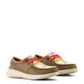 Brown shoes with red laces on a white background