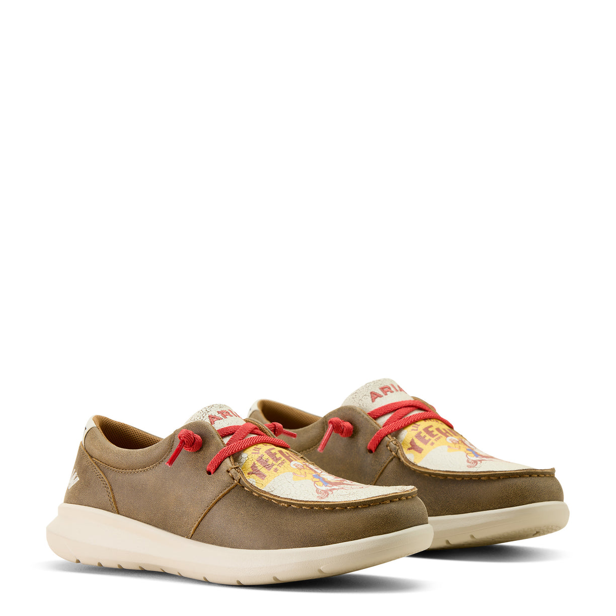 Brown shoes with red laces on a white background