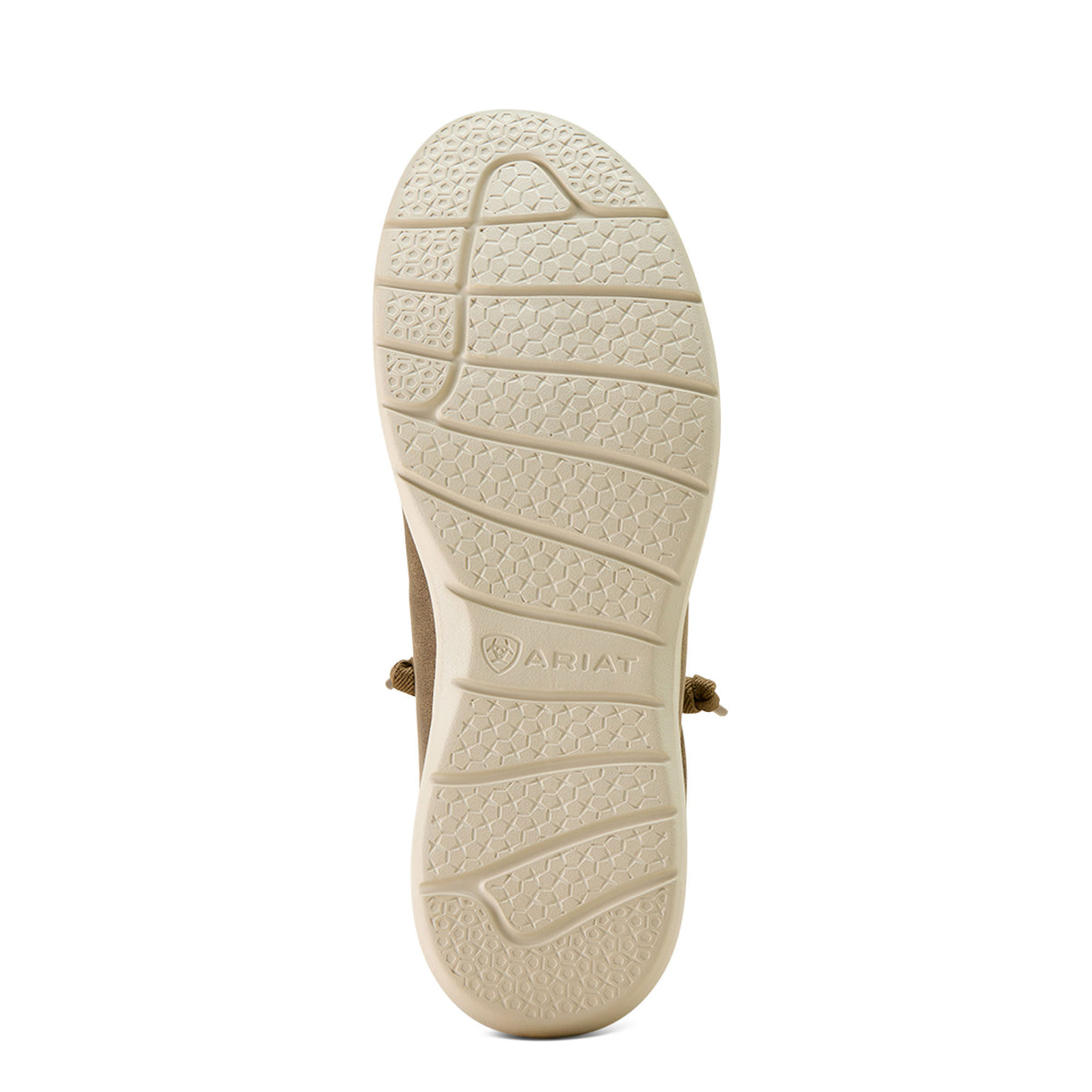 Close-up of a sandal sole with Ariat branding on a white background