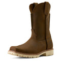 Brown leather boot with a white background