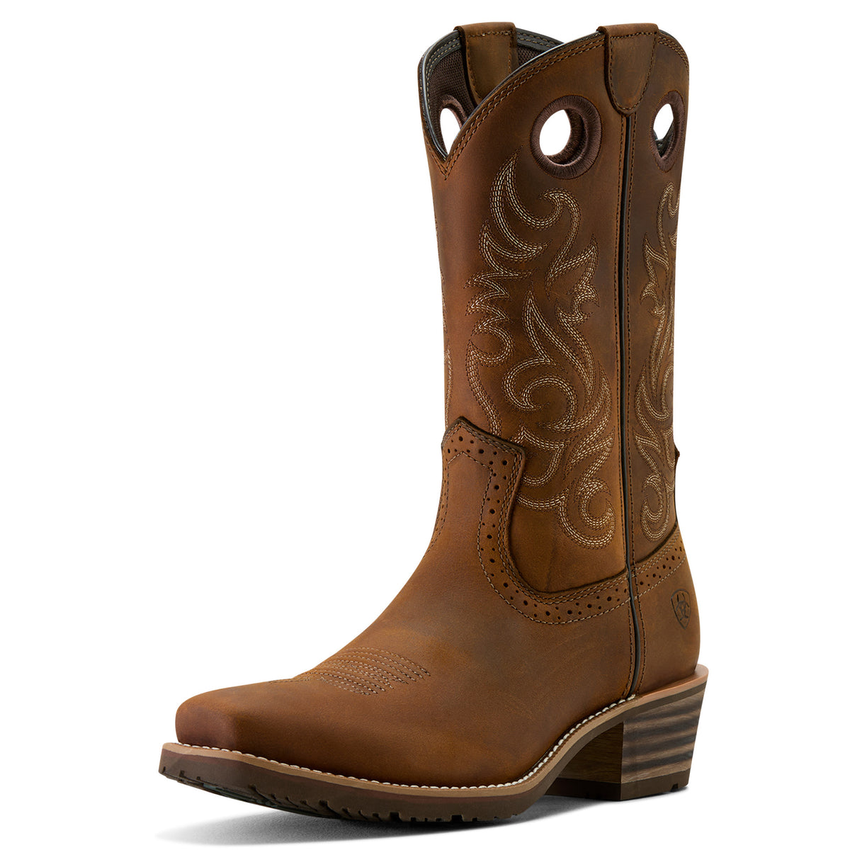 Brown cowboy boot with intricate stitching on a white background