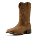 Brown cowboy boot with intricate stitching on a white background