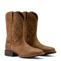 Pair of brown leather cowboy boots with intricate designs on a white background