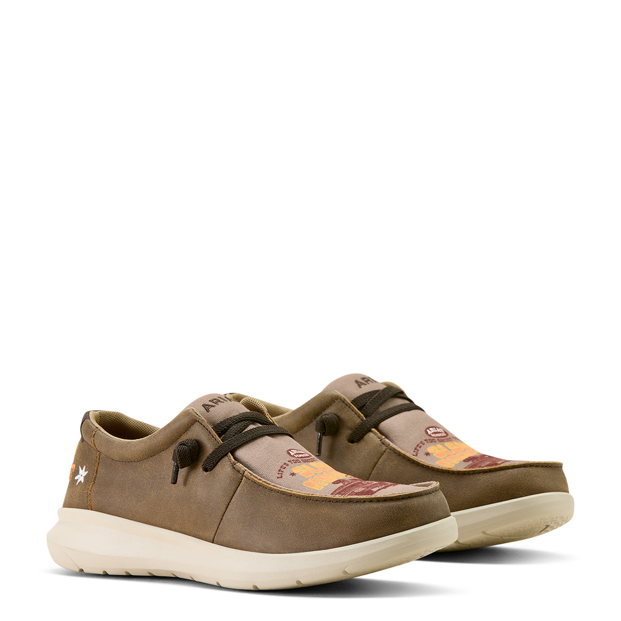 Pair of brown shoes with white soles on a white background