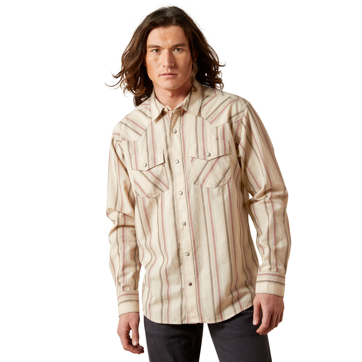 Man wearing a beige and brown striped shirt on a white background
