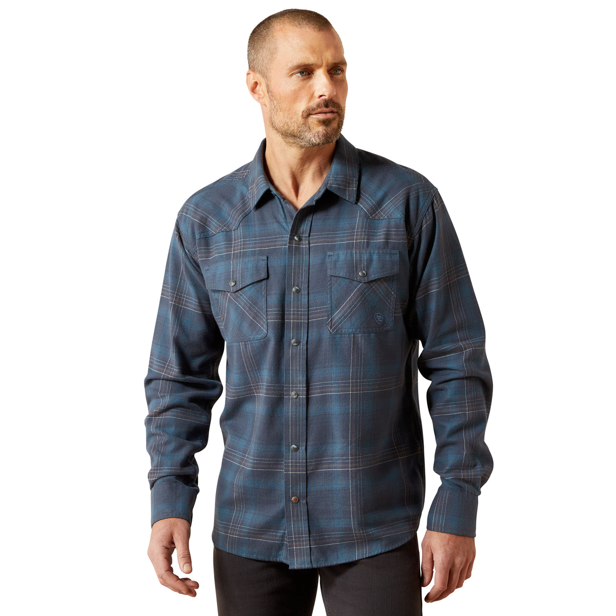 Man wearing a blue plaid shirt on a white background