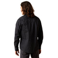 Person wearing a black patterned shirt on a white background