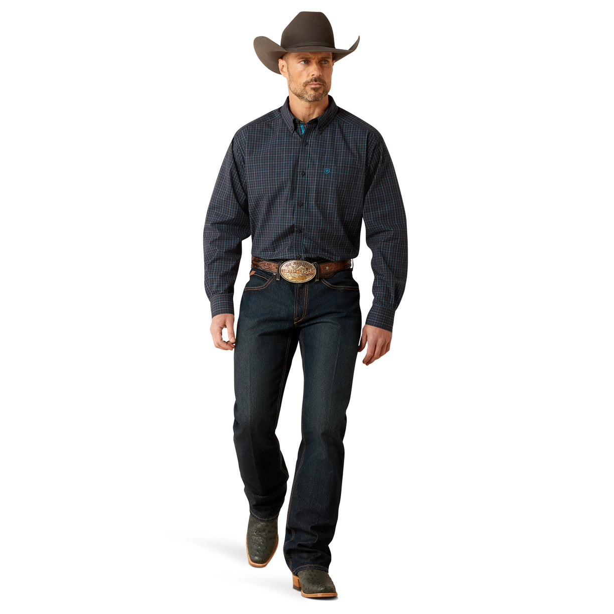 Man wearing a plaid shirt, jeans, and a cowboy hat on a white background